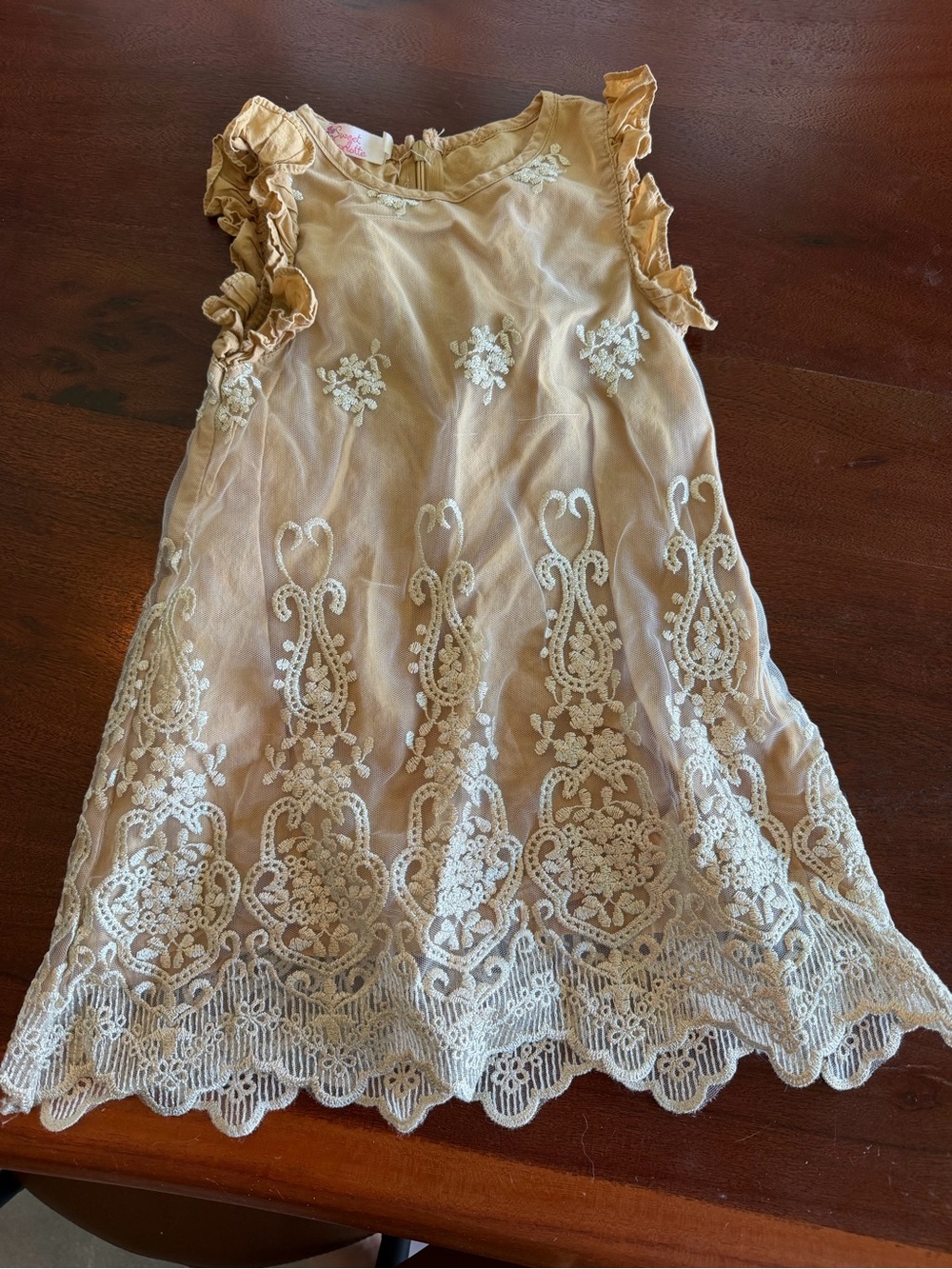 Cream Lace Overlay Girls' Ruffle Sleeve Formal Dress